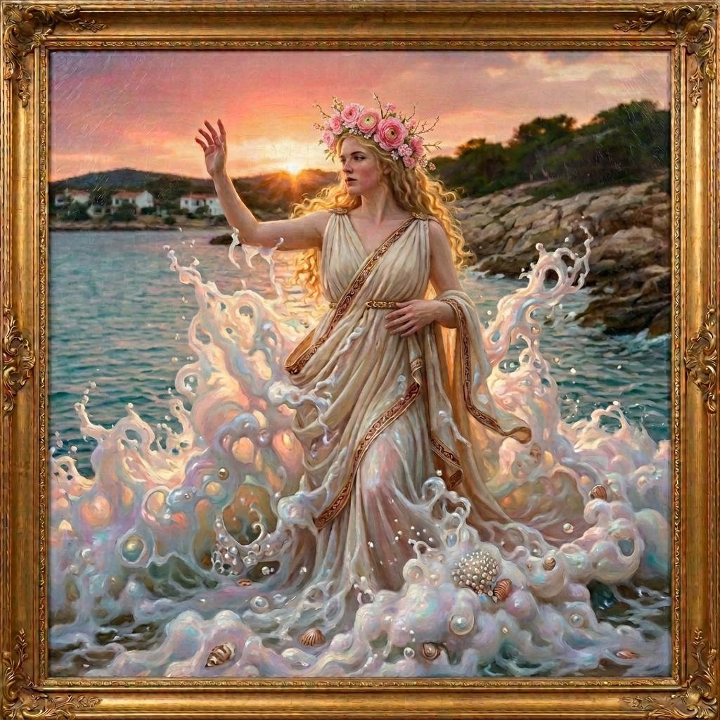 Woman in flowing robe with golden laurel and roses, accompanied by two cherubs, surrounded by waves and seashells at sunset