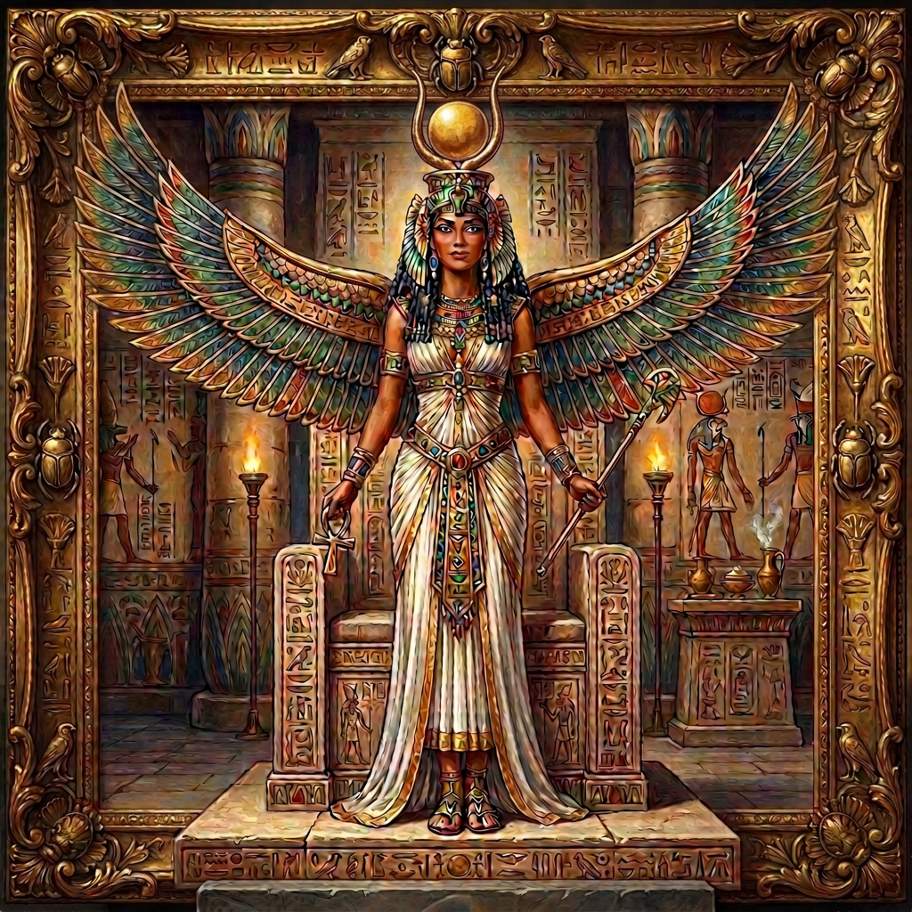 Egyptian goddess Aset Isis with wings, holding ankh and staff in temple