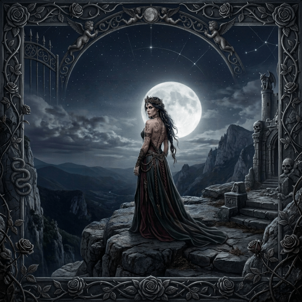 Woman with large black wings standing on rocky cliff beneath full moon at night