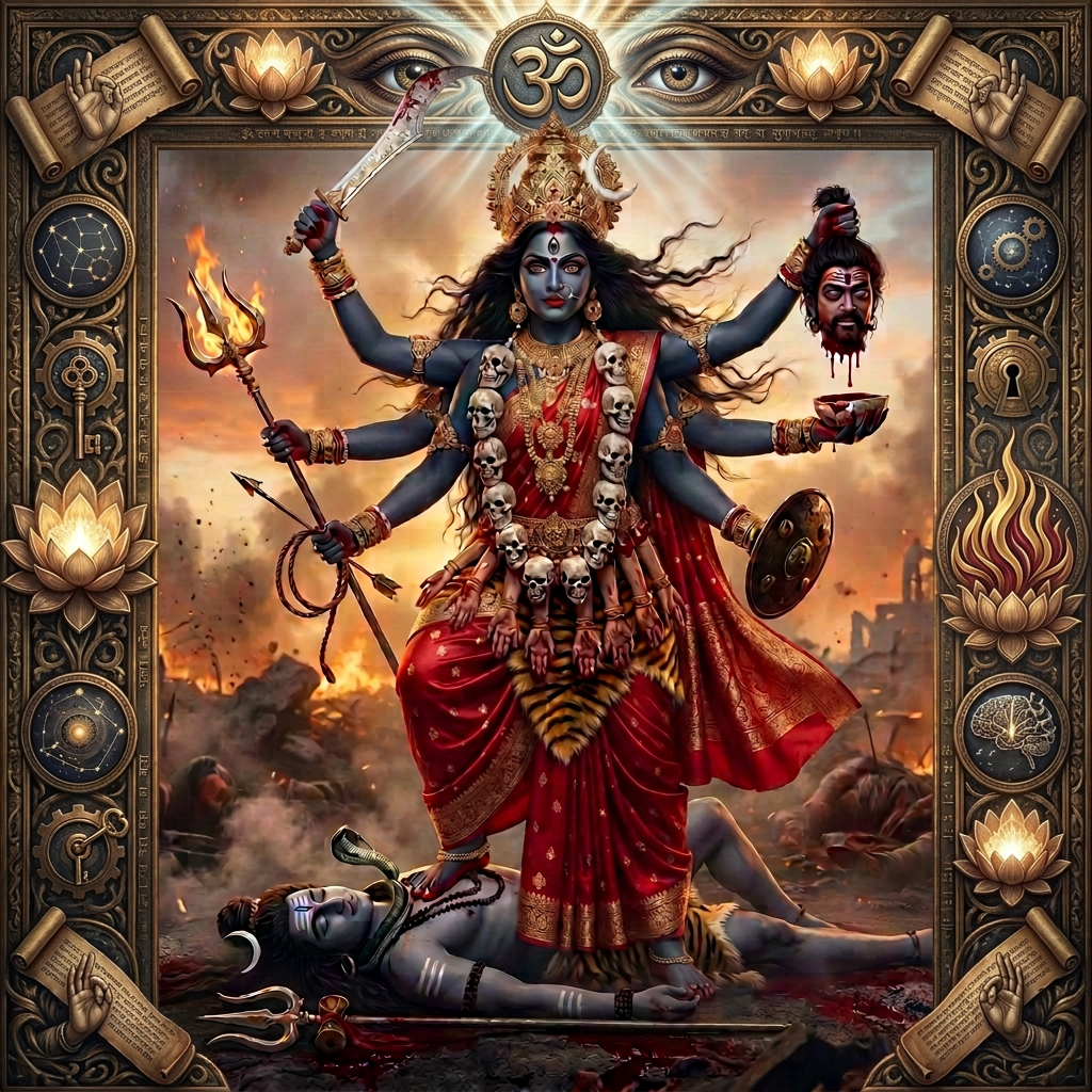 Goddess Kali with multiple arms holding weapons and a severed head, standing on a reclining figure in a fiery battlefield