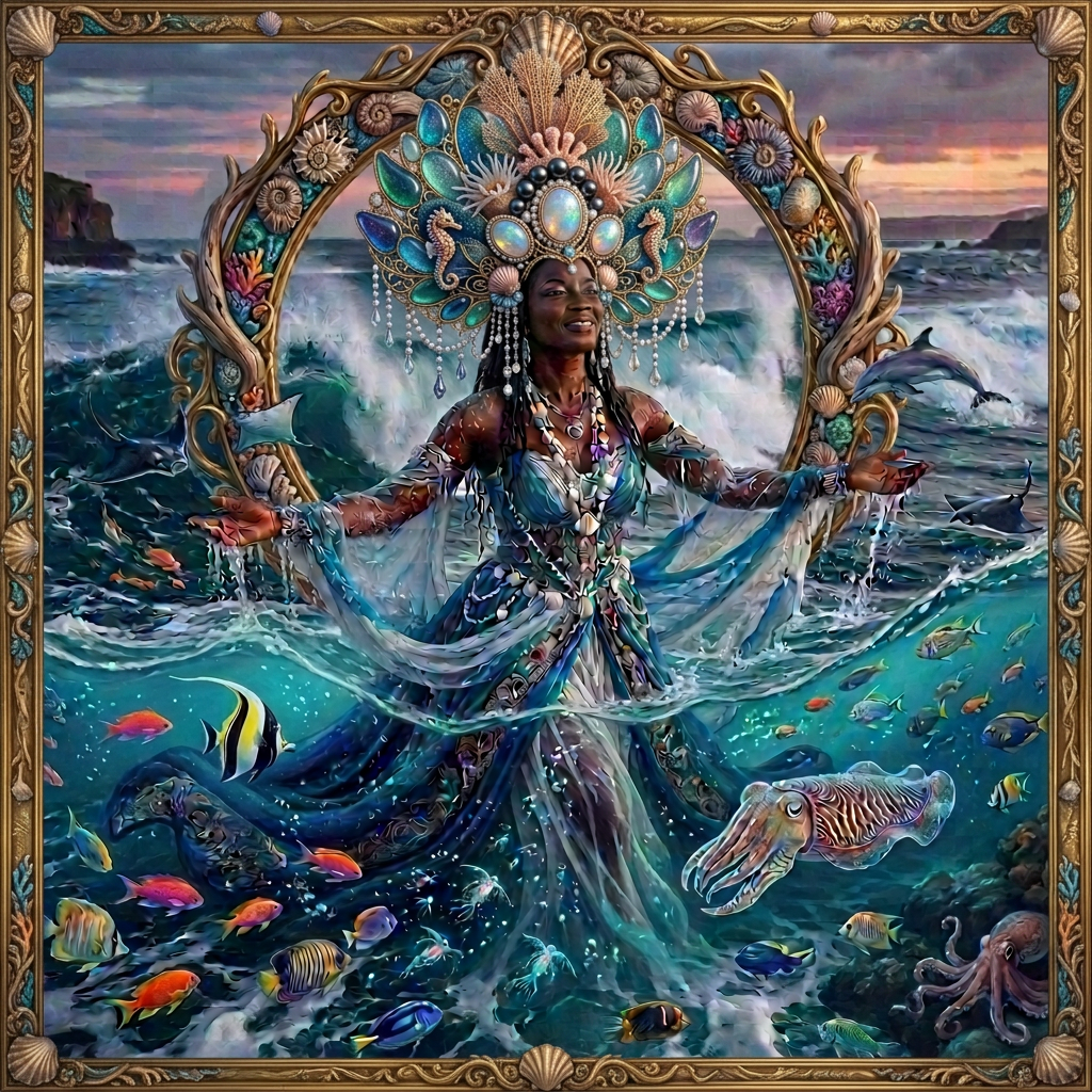 Woman in elaborate blue and white ocean-themed costume with shell and coral adornments standing in waves