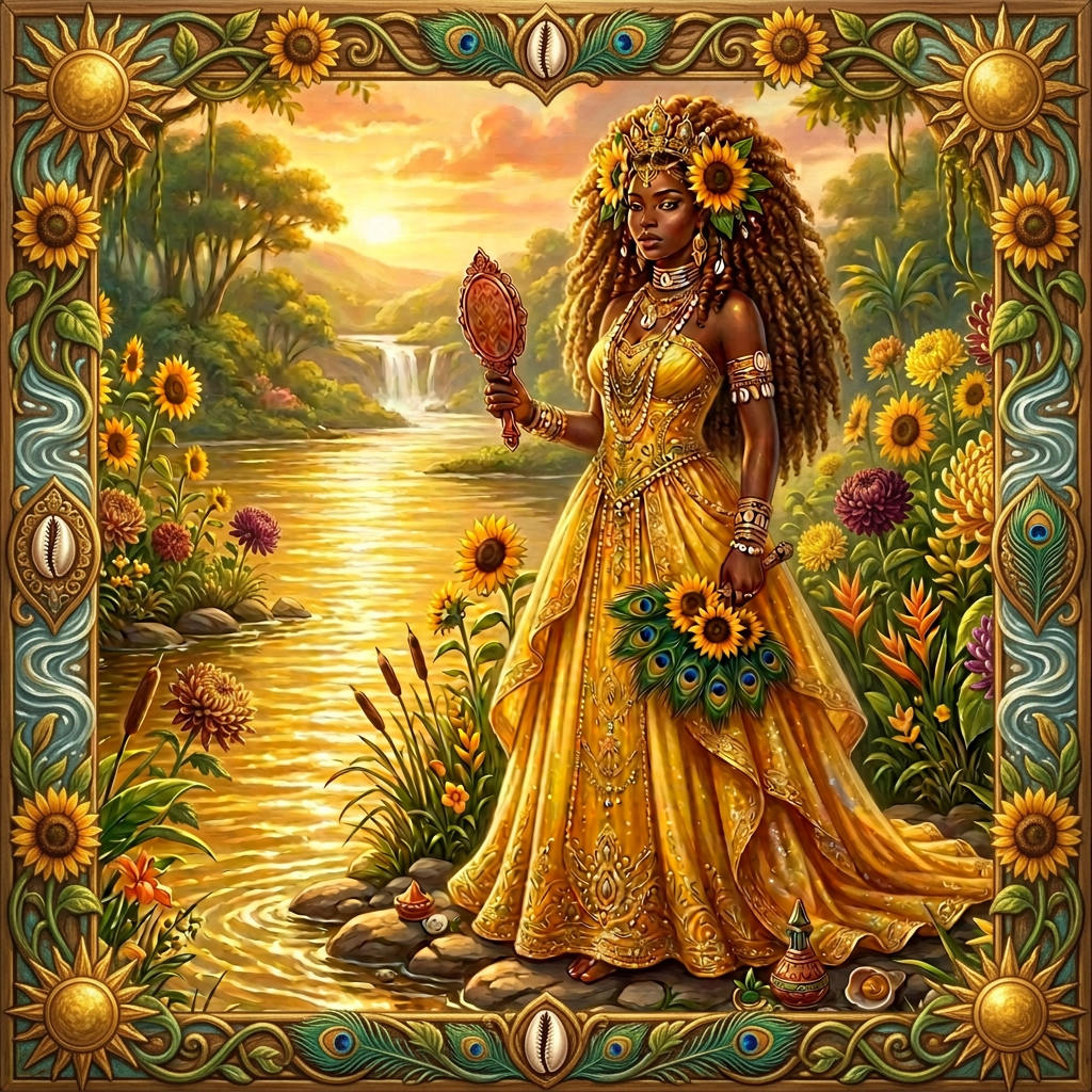 Woman in golden dress holding a decorative mirror and sunflower fan beside a river with sunflowers and forest background.