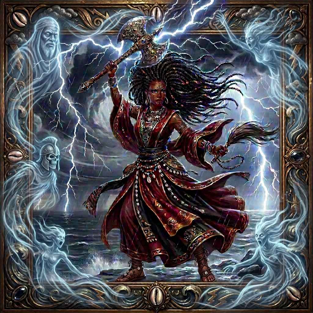 Warrior woman wielding a glowing sword and staff in a stormy ocean setting with lightning