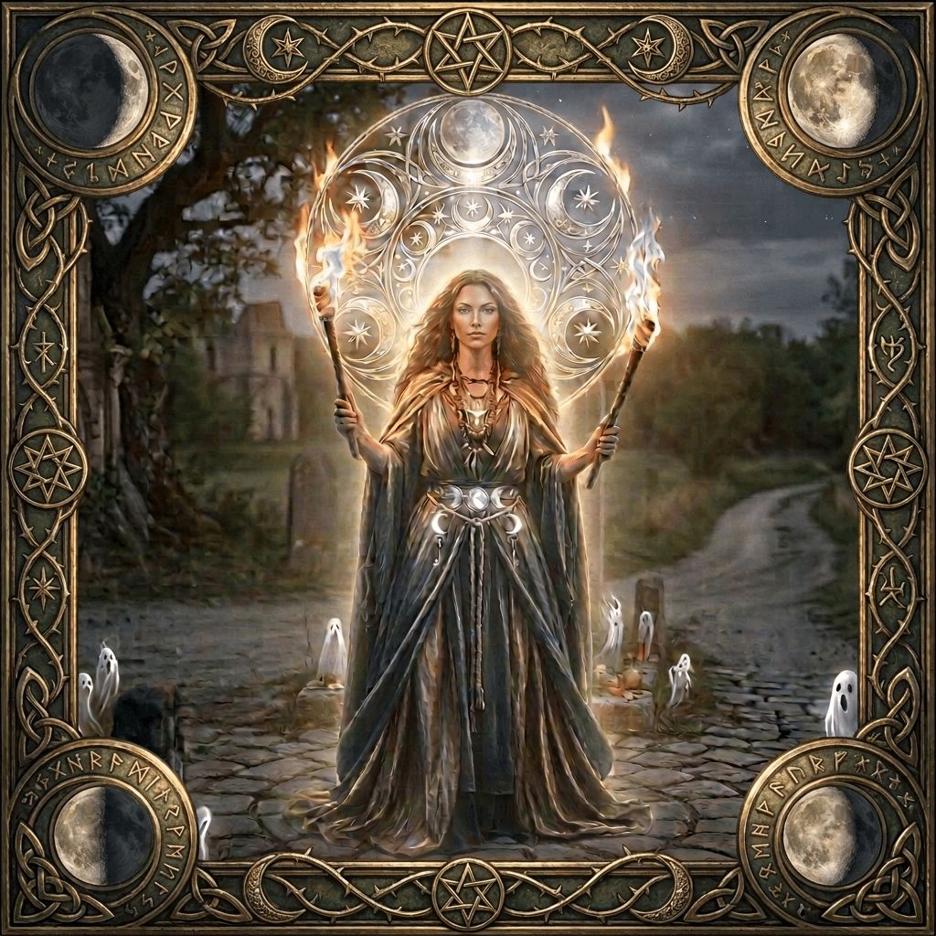 Woman in medieval gown holding two flaming torches on a dirt path