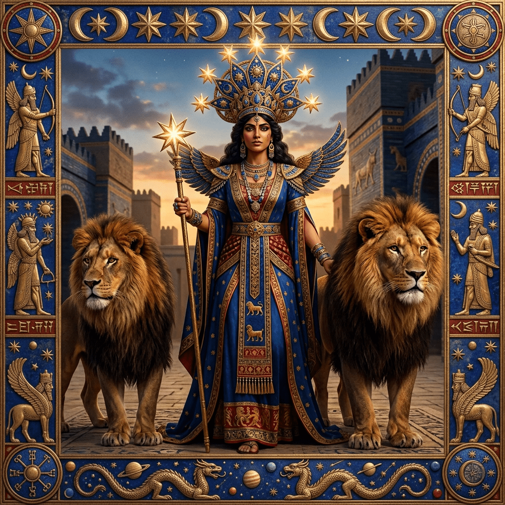 Regal goddess in blue and gold robes with a star-topped scepter standing between two lions in front of an ornate ancient city gate