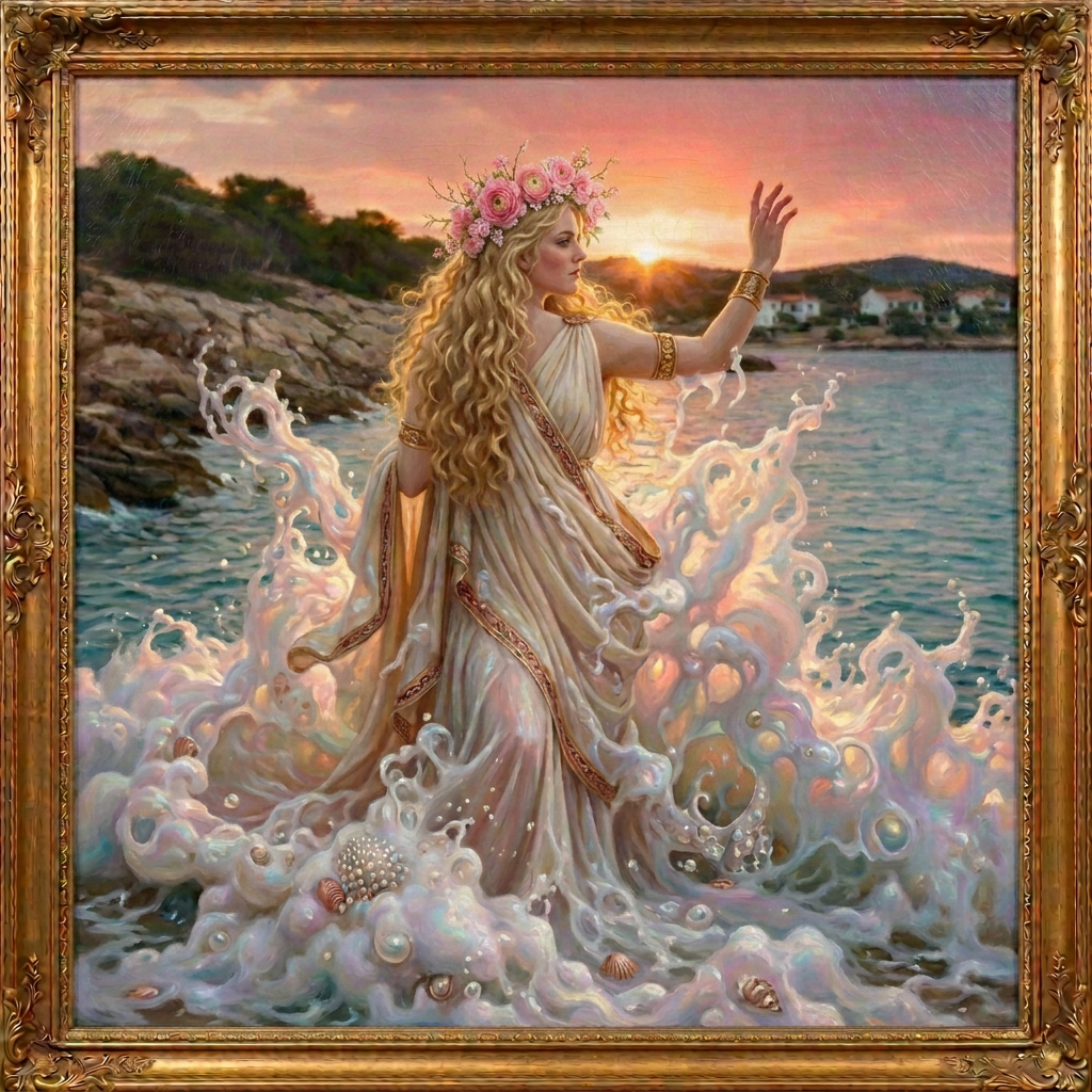 Woman in flowing robe with golden laurel and roses, accompanied by two cherubs, surrounded by waves and seashells at sunset