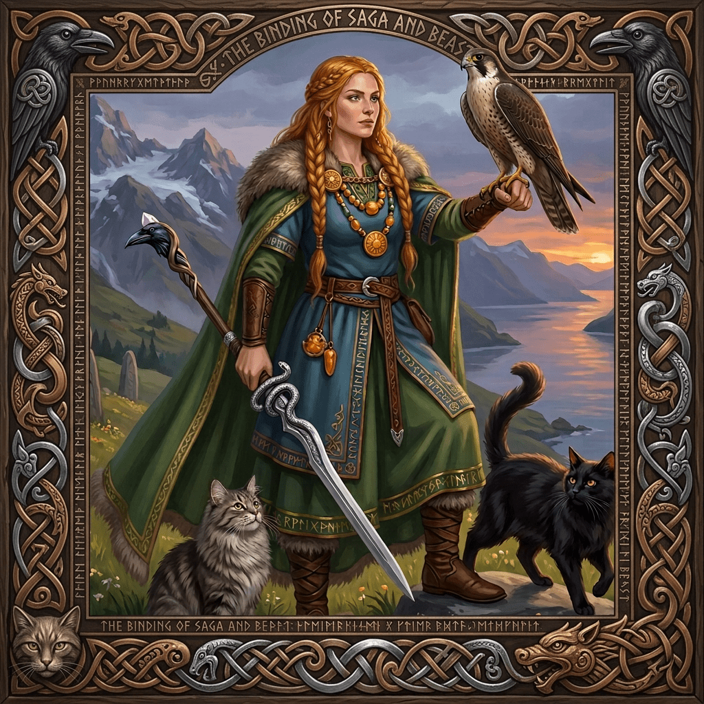 Viking shieldmaiden in traditional dress holding a sword and a falcon, standing with a gray tabby cat and a black cat by a lake with mountains and runestones.