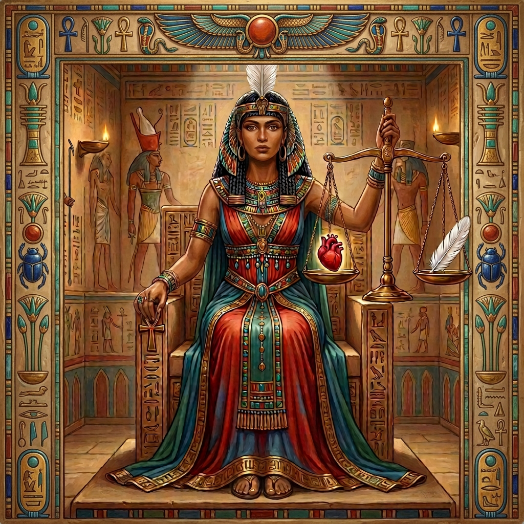 Egyptian goddess seated, holding scales with heart and feather inside hieroglyph-decorated room