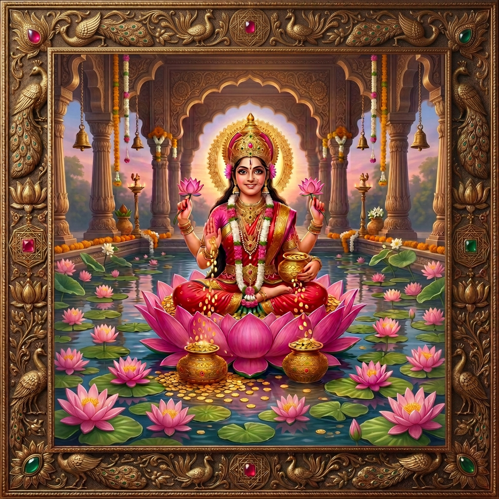 Goddess Lakshmi sitting on a pink lotus flower holding lotus blossoms and gold coins